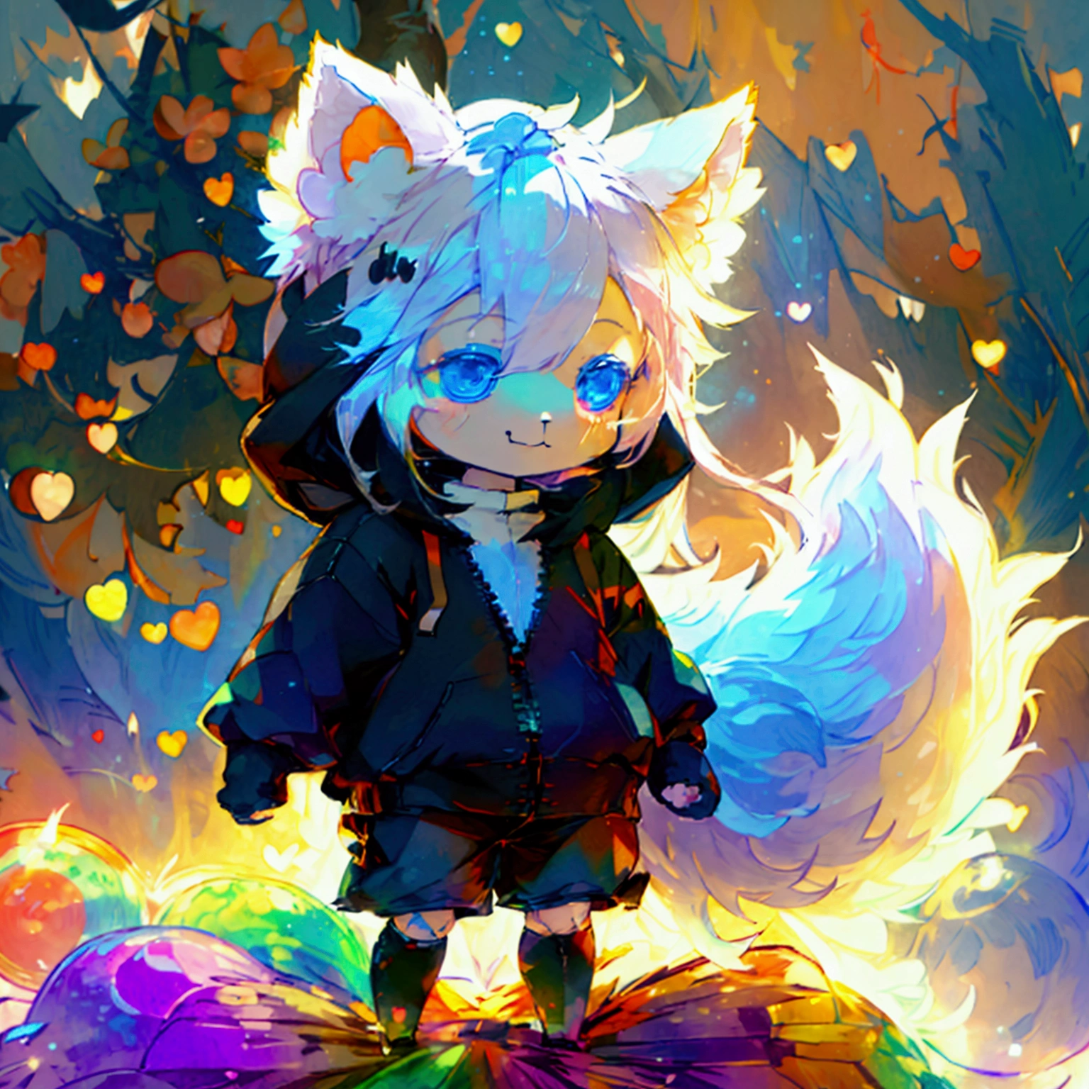 a cute adult male with wolf ears, long white hair, long locks, has a wolf tail, wearing a loose cropped black hoodie, wearing a pair of denim short shorts and fishnet stockings, thick thighs, wide hips, short, showing slender tummy, heart on hoodie, squishy thighs, has glowing blue eyes. alone, solo (ALONE)(SOLO), surrounded by rainbows, colorful galaxy backround, smiling, ontop of a pile of fluffy plushes, plushies everywhere, kawaii plushies, surrounded by bubbles, surrounded by rainbow leaves, standing up dancing, thicc thighs, has giant ears