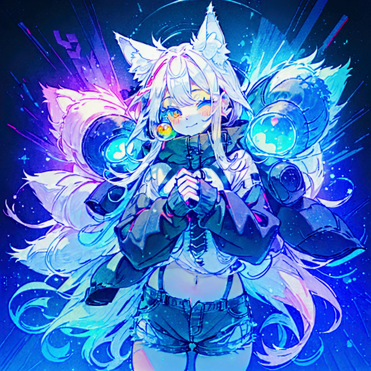 a cute adult male with wolf ears, long white hair, long locks, has a wolf tail, wearing a loose cropped black hoodie, wearing a pair of denim short shorts and fishnet stockings, thick thighs, wide hips, short, showing slender tummy, heart on hoodie, squishy thighs, has glowing blue eyes. alone, solo (ALONE)(SOLO), surrounded by rainbows, colorful galaxy backround, smiling, ontop of a pile of fluffy plushes, plushies everywhere, kawaii plushies, surrounded by bubbles, surrounded by rainbow leaves, standing up dancing, thicc thighs, has giant ears