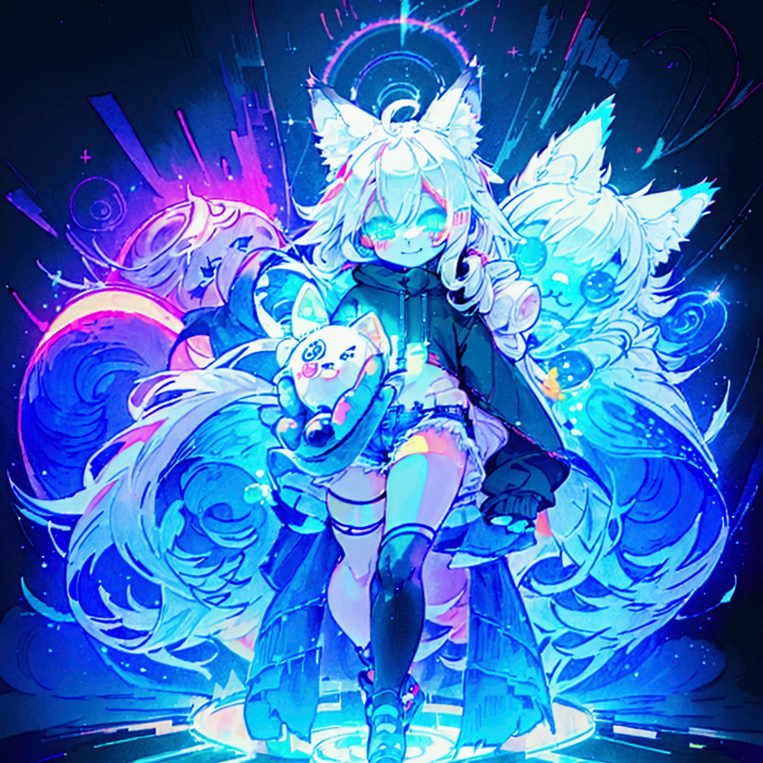 a cute adult male with wolf ears, long white hair, long locks, has a wolf tail, wearing a loose cropped black hoodie, wearing a pair of denim short shorts and fishnet stockings, thick thighs, wide hips, short, showing slender tummy, heart on hoodie, squishy thighs, has glowing blue eyes. alone, solo (ALONE)(SOLO), surrounded by rainbows, colorful galaxy backround, smiling, ontop of a pile of fluffy plushes, plushies everywhere, kawaii plushies, surrounded by bubbles, surrounded by rainbow leaves, standing up dancing, thicc thighs, has giant ears