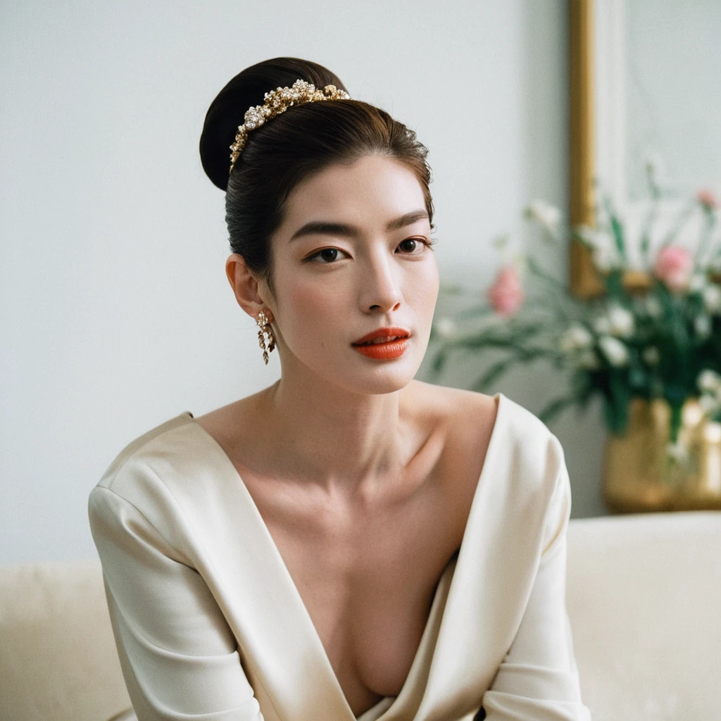 A candid photo of an eccentric artistic gorgeous young beautiful face Korean girls, still from the film, ((solo)), (Anne Hathaway look alike face: 0.9), in haute couture, posing in a white modern living room, black and brown pastel colors, Leica SL3, Summicron-SL 75 f/2 ASPH, kodak gold 200 film, dynamic action pose,