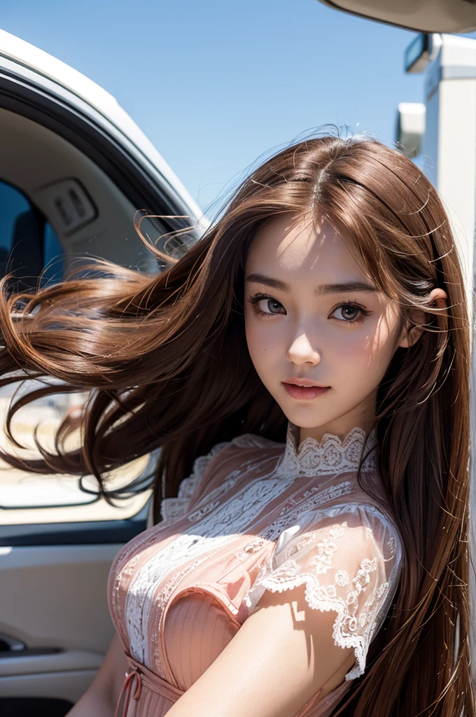 (masterpiece, Highest quality, 8K, High resolution),(Realistic skin texture, Perfect Face, Realistic, Perfect hands, Perfect finger count, Japanese, Girl), (16 years old), Big Eyes, Brown eyes, Light brown hair, Super long hair, Red hair ribbon, Small face, Smile, (Lace frilled mini dress, Cameltoe)), motor Show, Jump, Hair blowing in the wind, Low - Angle