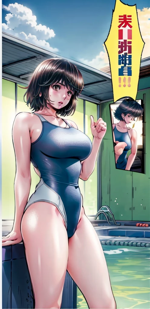 A boyish, short-haired, busty, beautiful-legged woman is wearing a competitive swimsuit and standing by the pool with her legs spread to the sides, blushing and with her mouth open.。The camera is pointed at a middle-aged man。