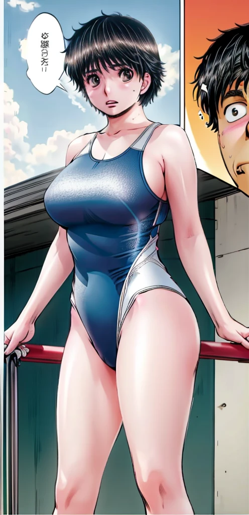 A boyish, short-haired, busty, beautiful-legged woman is wearing a competitive swimsuit and standing by the pool with her legs spread to the sides, blushing and with her mouth open.。The camera is pointed at a middle-aged man。