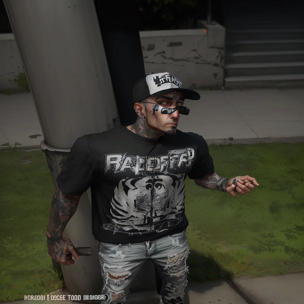 arafed man in a black shirt and a baseball cap standing next to a pole, no hood | | realistic shaded, as a character from gtav, style of gta v, gta character, gta v street style, die antwoord style wear, realistic hyper detailed, highdetailed, tony sandoval. 8 k realistic, dressed in crustpunk clothing