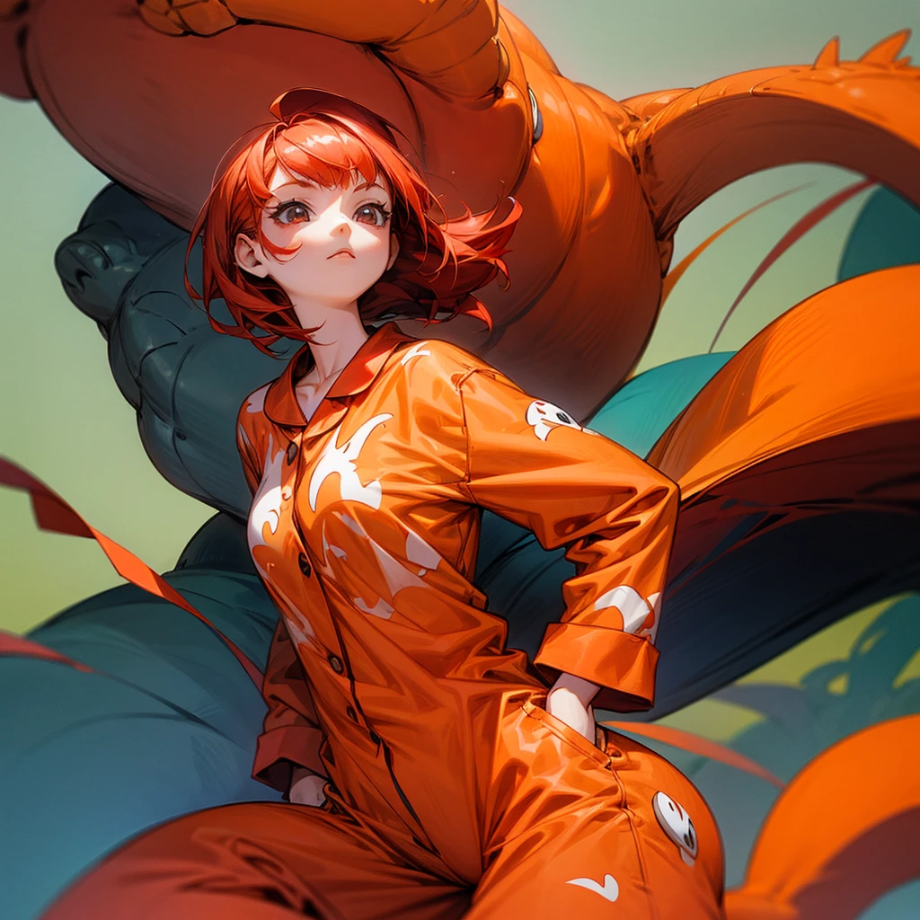 A girl with red hair wearing an orange dinosaur pajama.
