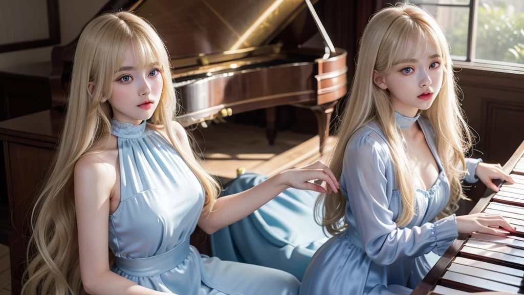 playing piano.silky shiny skin、22 year old cute sexy little beautiful face、Hair glows in front of a cute face、long silky bangs covering the eyes、pale light blue eyes、Young woman super long blonde shiny golden bright straight hair、with round face、Small face beauty、big eye、bright expression、The dress、Even big in clothes