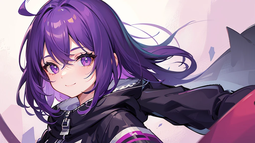 small girl with cold eyes and smiling face with purple hair
