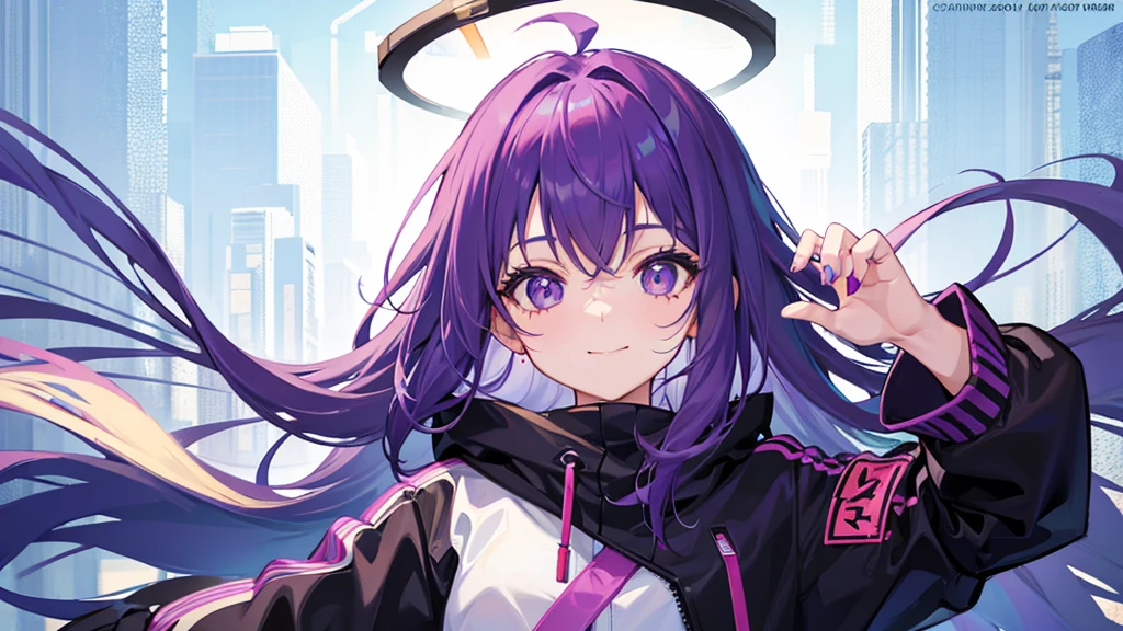 small girl with cold eyes and smiling face with purple hair