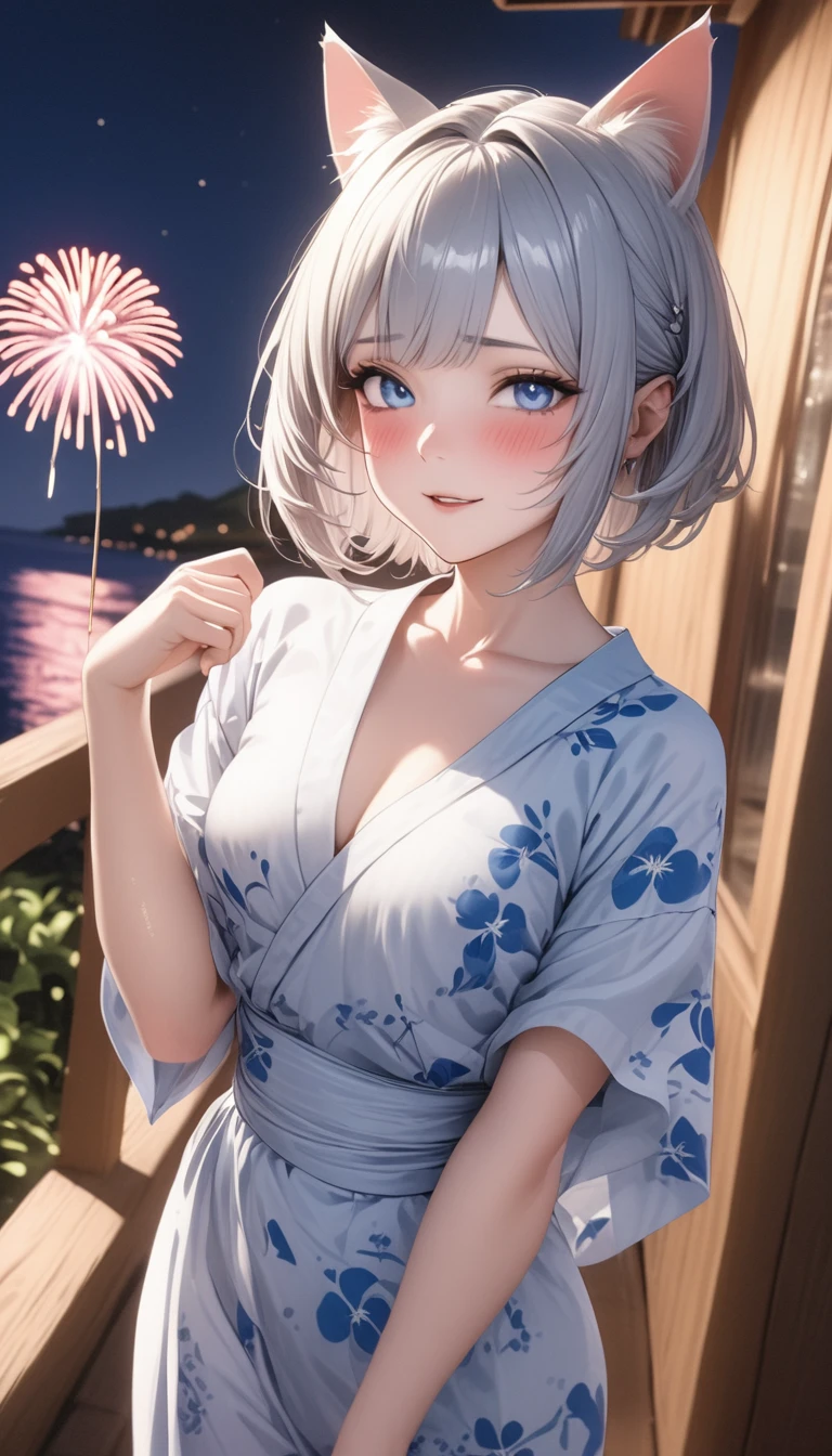 1girl、(((best quality)), ((masterpiece)), (details), masterpiece, best quality, high quality, ulutra detailed, perfect face, ((1girl, blue eyes, cat ears: 1.3 silver bob hair: 2.5,))、Shiny Hair、Glowing Skin、blush、Lustful look、yukata、Sandals、sexy、Small breastidsummer、Resort、Entering the sea、whole body、firework