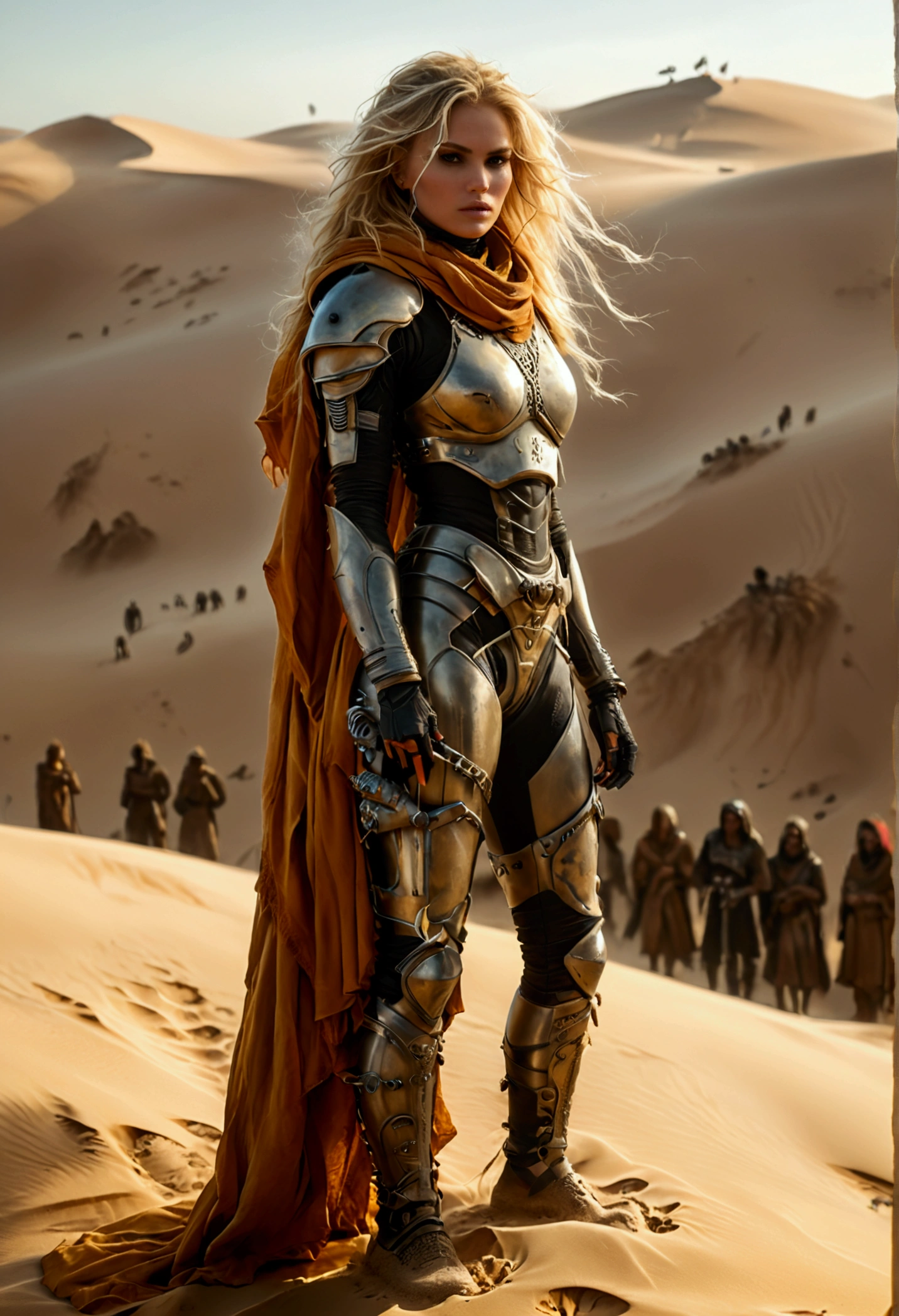 a beautiful woman with blonde hair wearing a sci-fi dune stillsuit, standing on top of a sand dune holding a dagger, 100s of tribal rebels watching her, cinematic lighting, hyper realistic, dramatic, intricate details, volumetric fog, warm color palette, epic scale, dramatic posing, chiaroscuro lighting, highly detailed, masterpiece, best quality, 8k