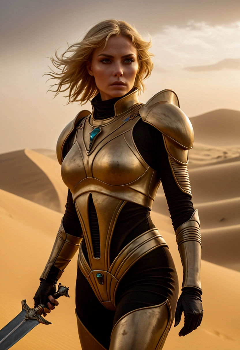 a beautiful woman with blonde hair wearing a sci-fi dune stillsuit, standing on top of a sand dune holding a dagger, 100s of tribal rebels watching her, cinematic lighting, hyper realistic, dramatic, intricate details, volumetric fog, warm color palette, epic scale, dramatic posing, chiaroscuro lighting, highly detailed, masterpiece, best quality, 8k