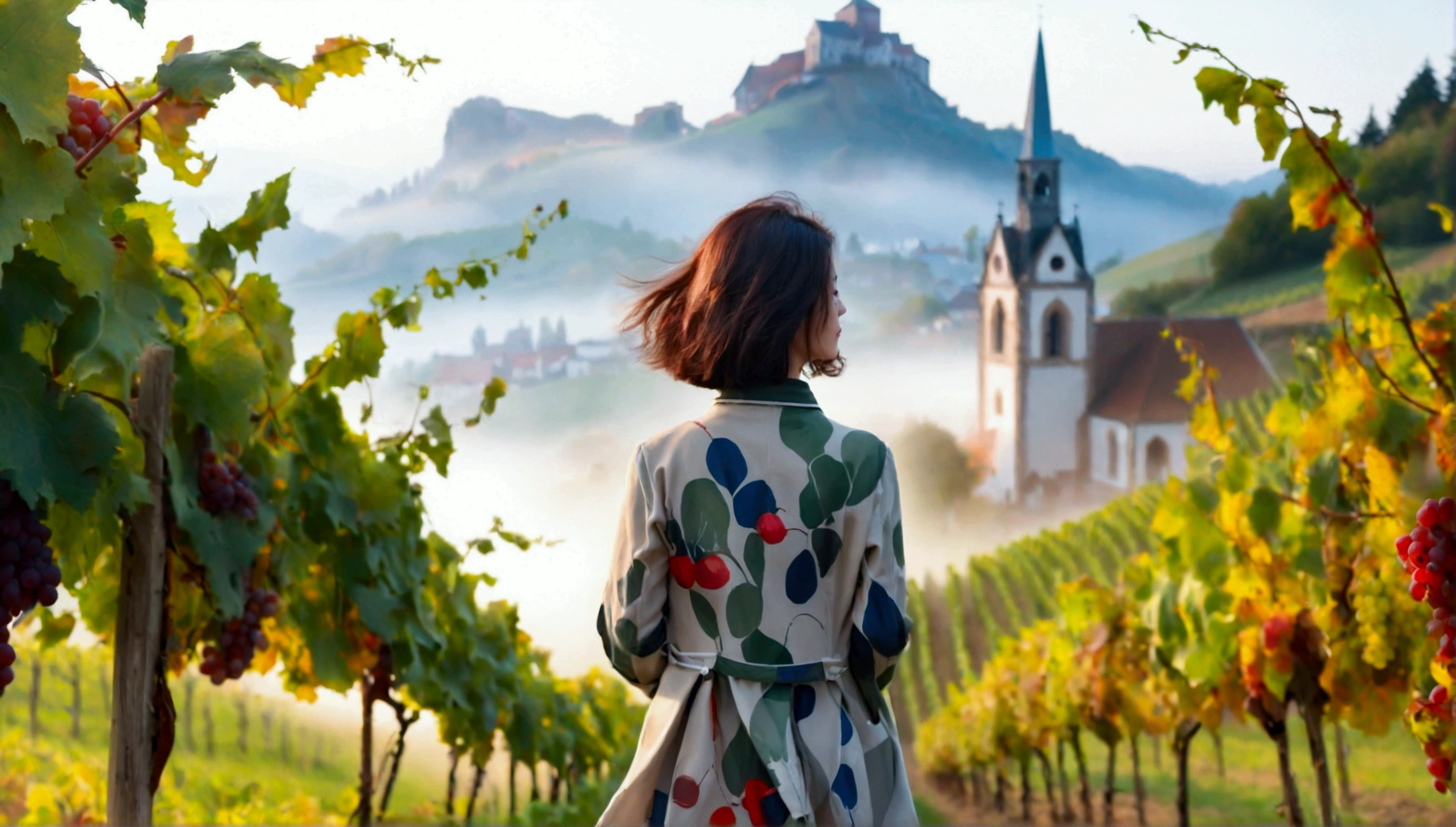 Woman in beautiful landscape 8K highest quality, Beautiful 36-year-old Korean woman, Chest size 34 inches, Passing through vineyards in the Swiss countryside, The cathedral is visible in the early morning fog., The back background is realistic and vivid quality., short medium hair, Casual and British - (summer jacket) ,Perfect and realistic photos, The background is realistic.. Full body shot with Canon camera 16-35 wide angle lens, expressionless, Walking down a vineyard hill covered in thick fog., Walking towards the front camera