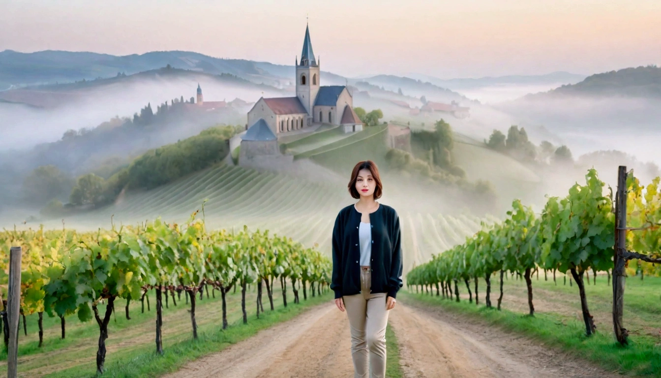 Woman in beautiful landscape 8K highest quality, Beautiful 36-year-old Korean woman, Chest size 34 inches, Passing through vineyards in the Swiss countryside, The cathedral is visible in the early morning fog., The back background is realistic and vivid quality., short medium hair, Casual and British - (summer jacket) ,Perfect and realistic photos, The background is realistic.. Full body shot with Canon camera 16-35 wide angle lens, expressionless, Walking down a vineyard hill covered in thick fog., Walking towards the front camera