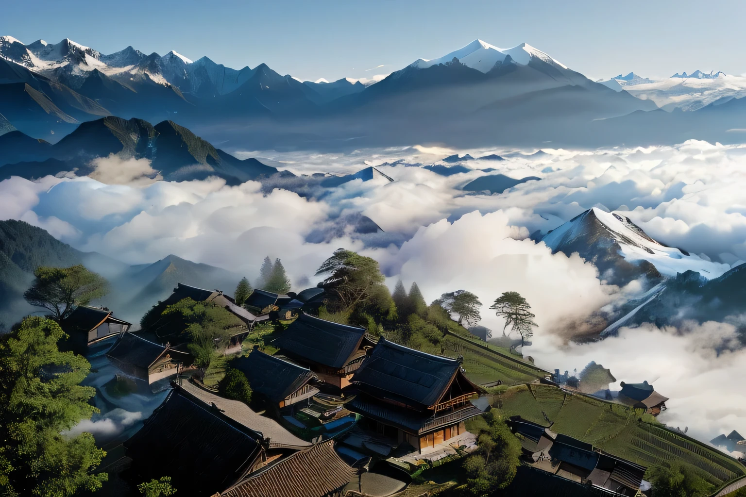mountains covered in clouds and trees with a few houses on top, hut, cafe in the clouds, above a village, upon the clouds, by Etienne Delessert, by Yang Borun, old asian village, by Liu Haisu, above the clouds, alp, “ aerial view of a mountain, view above the clouds, by Dietmar Damerau, chinese village