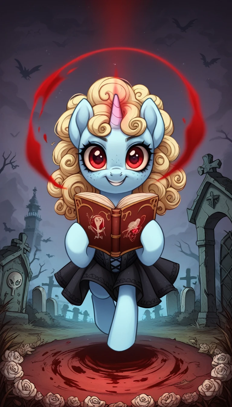 score_9,score_8_up,score_7_up,score_6_up, filly, unicorn, white fur, curly blonde hair, pastel blue fur, freckles, red eyes, Gothic pony, lolita fashion, glowing backlight, fashion show, graveyard scene, glitter, whimsical, enchanted, magical, fantasy art concept, intricate details, insane smile, blood splatter on face, floating, holding spell book, glowing horn,