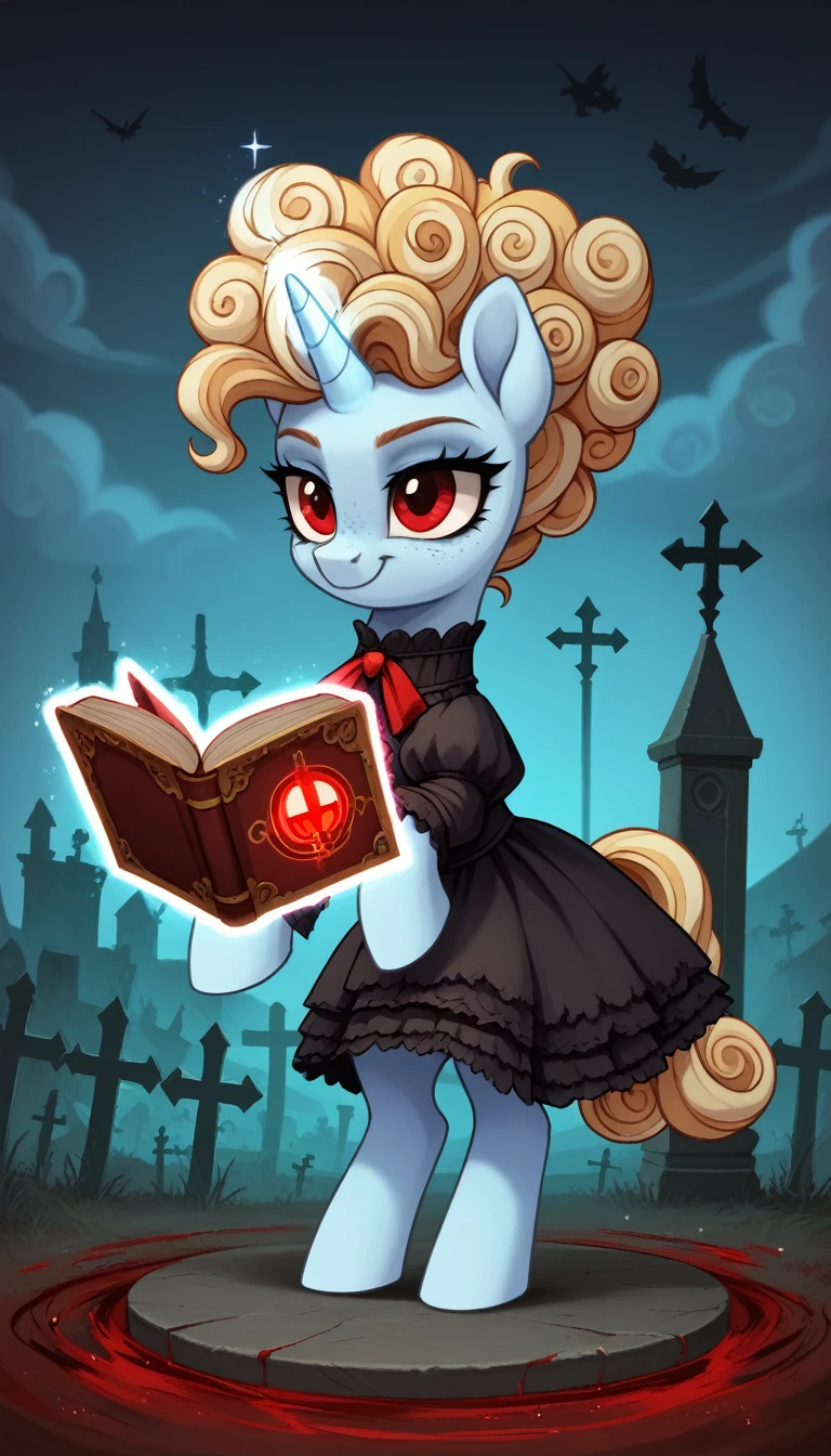 score_9,score_8_up,score_7_up,score_6_up, filly, unicorn, white fur, curly blonde hair, pastel blue fur, freckles, red eyes, Gothic pony, lolita fashion, glowing backlight, fashion show, graveyard scene, glitter, whimsical, enchanted, magical, fantasy art concept, intricate details, insane smile, blood splatter on face, floating, holding spell book, glowing horn,