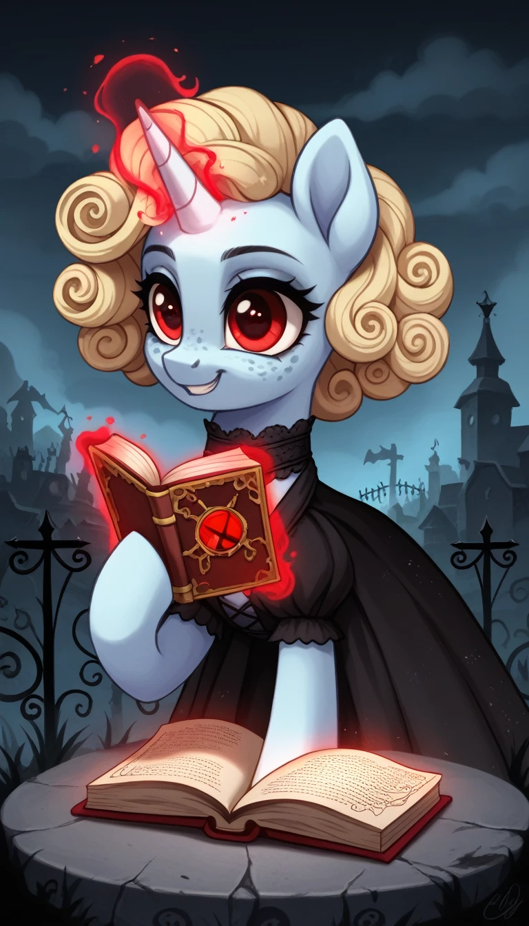 score_9,score_8_up,score_7_up,score_6_up, filly, unicorn, white fur, curly blonde hair, pastel blue fur, freckles, red eyes, Gothic pony, ta fashion, glowing backlight, fashion show, graveyard scene, glitter, whimsical, enchanted, magical, fantasy art concept, intricate details, insane smile, blood splatter on face, floating, holding spell book, glowing horn,
