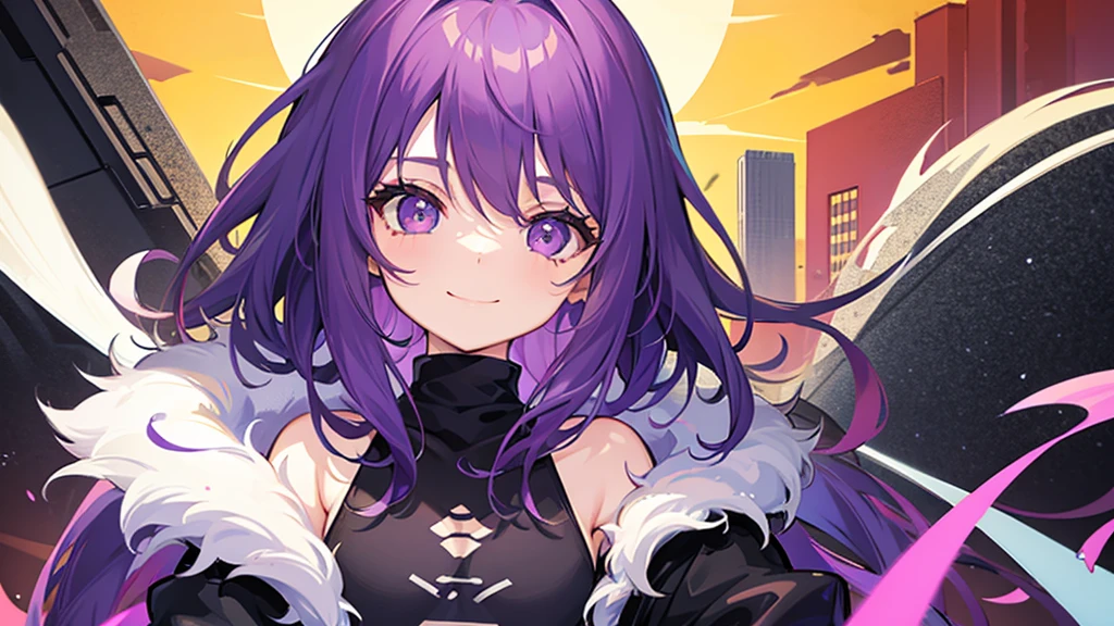 small girl with cold eyes and smiling face with purple hair