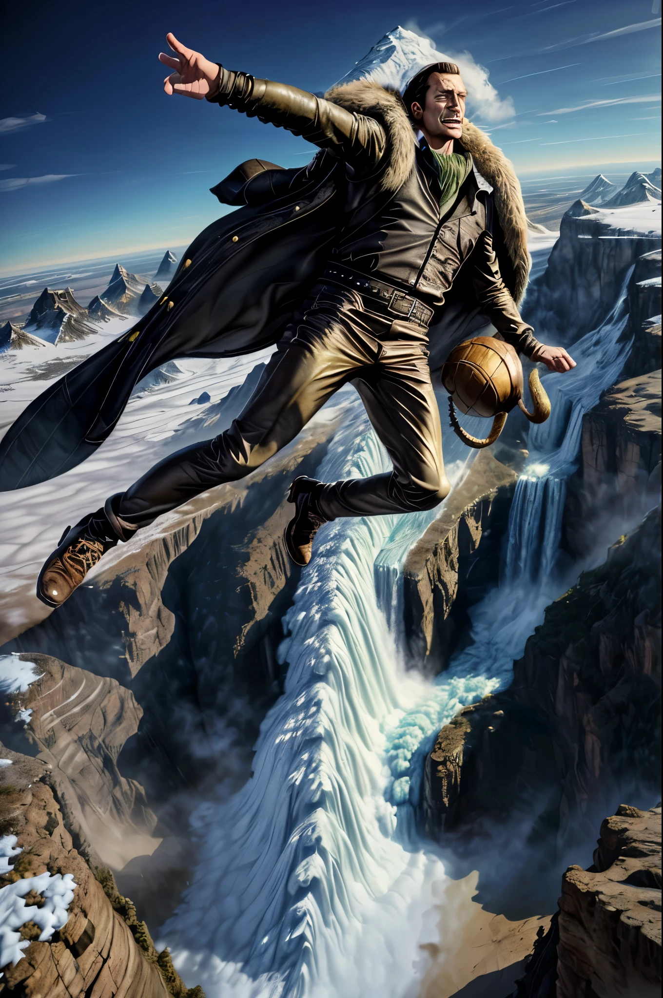 masterpiece, best quality, extremely detailed, hyperrealistic, photorealistic, a cool 40s man, ultra detailed face:1.2, fur-trimmed coat, scarf around the neck, his left hand is a golden pirate hook:1.1, cigar, skydiving:1.3, flying, floating, aerial view shot, frozen island, giant snow moutain, frozen waterfall