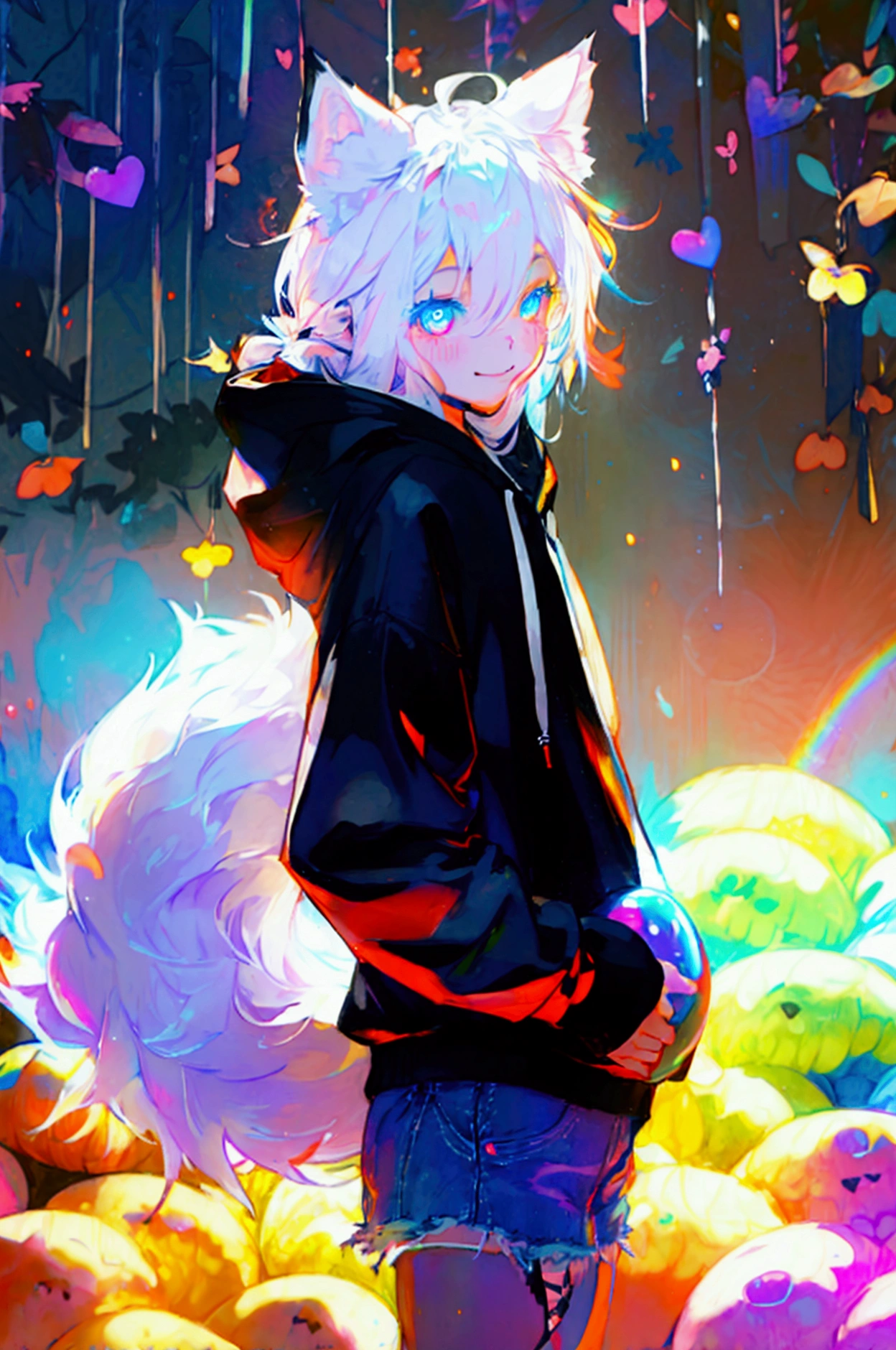 a cute adult male with wolf ears, long white hair, long locks, has a wolf tail, wearing a loose cropped black hoodie, wearing a pair of denim short shorts and fishnet stockings, thick thighs, wide hips, short, showing slender tummy, heart on hoodie, squishy thighs, has glowing blue eyes. alone, solo (ALONE)(SOLO), surrounded by rainbows, colorful galaxy backround, smiling, ontop of a pile of fluffy plushes, plushies everywhere, kawaii plushies, surrounded by bubbles, surrounded by rainbow leaves, standing up dancing, thicc thighs, has giant ears