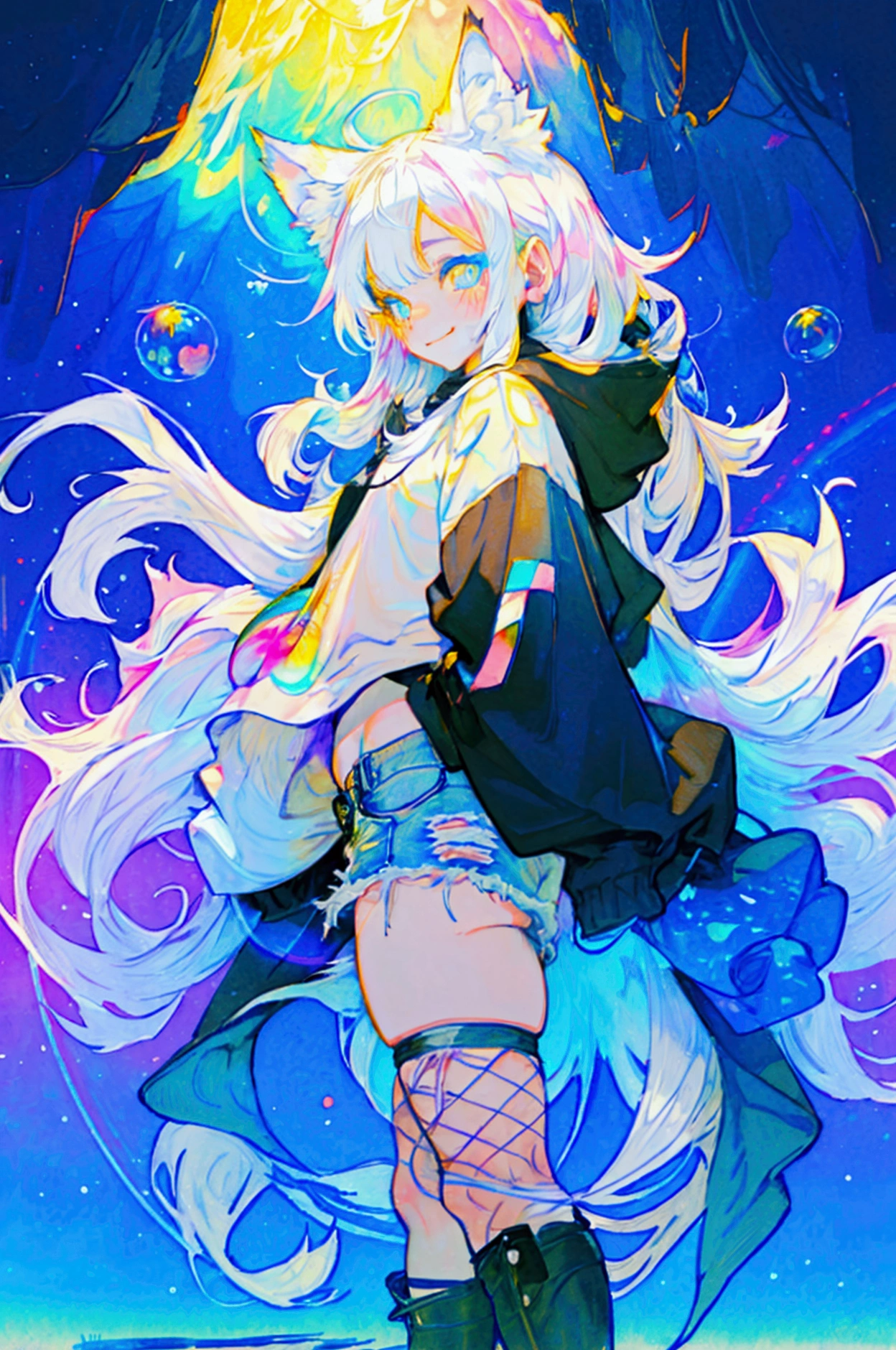 a cute adult male with wolf ears, long white hair, long locks, has a wolf tail, wearing a loose cropped black hoodie, wearing a pair of denim short shorts and fishnet stockings, thick thighs, wide hips, short, showing slender tummy, heart on hoodie, squishy thighs, has glowing blue eyes. alone, solo (ALONE)(SOLO), surrounded by rainbows, colorful galaxy backround, smiling, ontop of a pile of fluffy plushes, plushies everywhere, kawaii plushies, surrounded by bubbles, surrounded by rainbow leaves, standing up dancing, thicc thighs, has giant ears