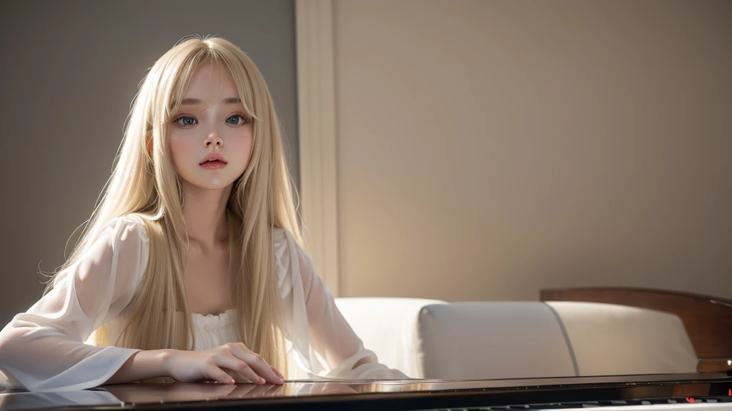 playing piano.silky shiny skin、22 year old cute sexy little beautiful face、Hair glows in front of a cute face、long silky bangs covering the eyes、pale light blue eyes、Young woman super long blonde shiny golden bright straight hair、with round face、Small face beauty、big eye、bright expression、The dress、Even big in clothes