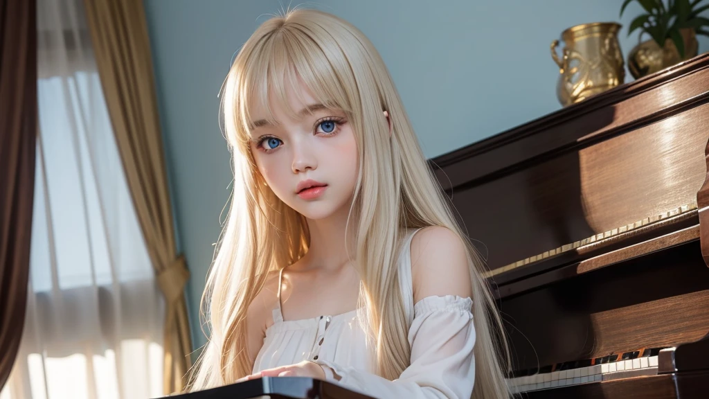 playing piano.silky shiny skin、22 year old cute sexy little beautiful face、Hair glows in front of a cute face、long silky bangs covering the eyes、pale light blue eyes、Young woman super long blonde shiny golden bright straight hair、with round face、Small face beauty、big eye、bright expression、The dress、Even big in clothes