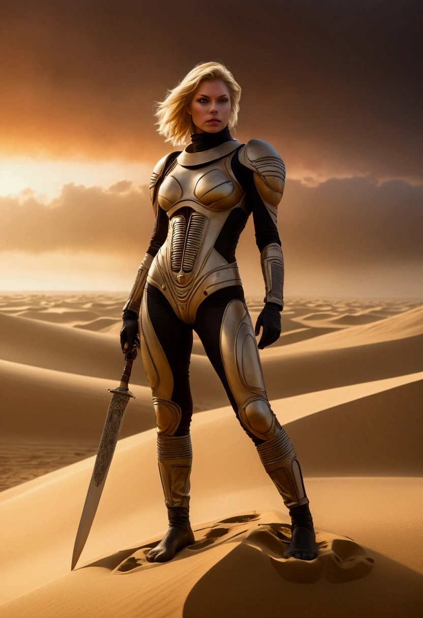 a beautiful woman with blonde hair wearing a sci-fi dune stillsuit, standing on top of a sand dune holding a dagger, 100s of tribal rebels watching her, cinematic lighting, hyper realistic, dramatic, intricate details, volumetric fog, warm color palette, epic scale, dramatic posing, chiaroscuro lighting, highly detailed, masterpiece, best quality, 8k