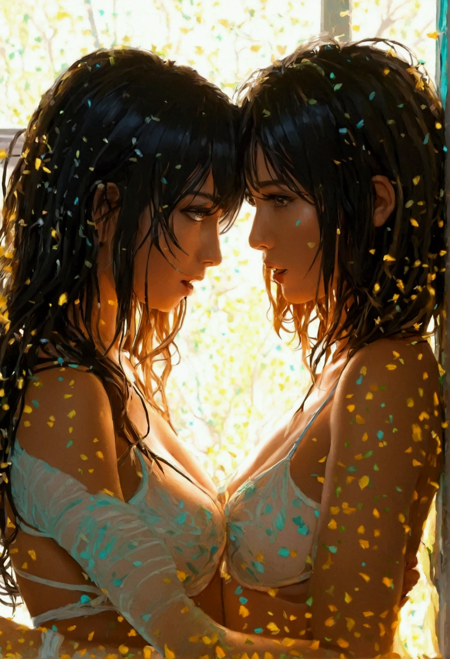 (masutepiece), (best_quality), Ultra-high resolution, super top quality, Very beautiful in every detail,((2girls)),((duo)),((Yuri)),,Female High School Students,School uniform, neck tie,black hair girl,Blonde Gal,Long hair,semi long hair,2 body,Beautiful fingers, Beautiful long legs,Beautiful body, Beautiful nose, Perfect eyes, Perfect body、Perfect fingers、Perfect legs、Perfect feet、Perfect Arm Perfect Hand Perfect Face,pupils on,Perfect face,((Perfect posture)),((((((kiss))))))、((((Tongue out))))、(((Spread legs)))、(((Sweat)))、((((saliva trail))))、((((Heart shaped pupils))))、((pointed breast))、(((((A perfect )))))、(((((Female masturbation)))))、((((grabbing on breasts))))、((((crotch grab))))、(((( Juice))))、(((((Extreme Squirting Explosion Cooting Compilation)))))、(((((NSFW)))))、 Red cheeks、Very sultry