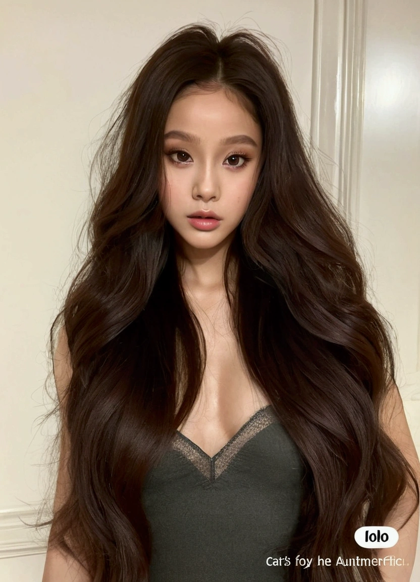 fix her hand and eyes to be anatomically correct, ((best quality)), ((masterpiece)), (detailed), perfect face shape, thin face, perfect straight nose, confident and bossy look, waist length black hair, dark brown eyes, most beautiful Korean girl, kpop idol, cat eyes, curvy, she have thin and natural eyebrows, she gives Ariana Grande vibes, perfect symmetrical face, celebrity