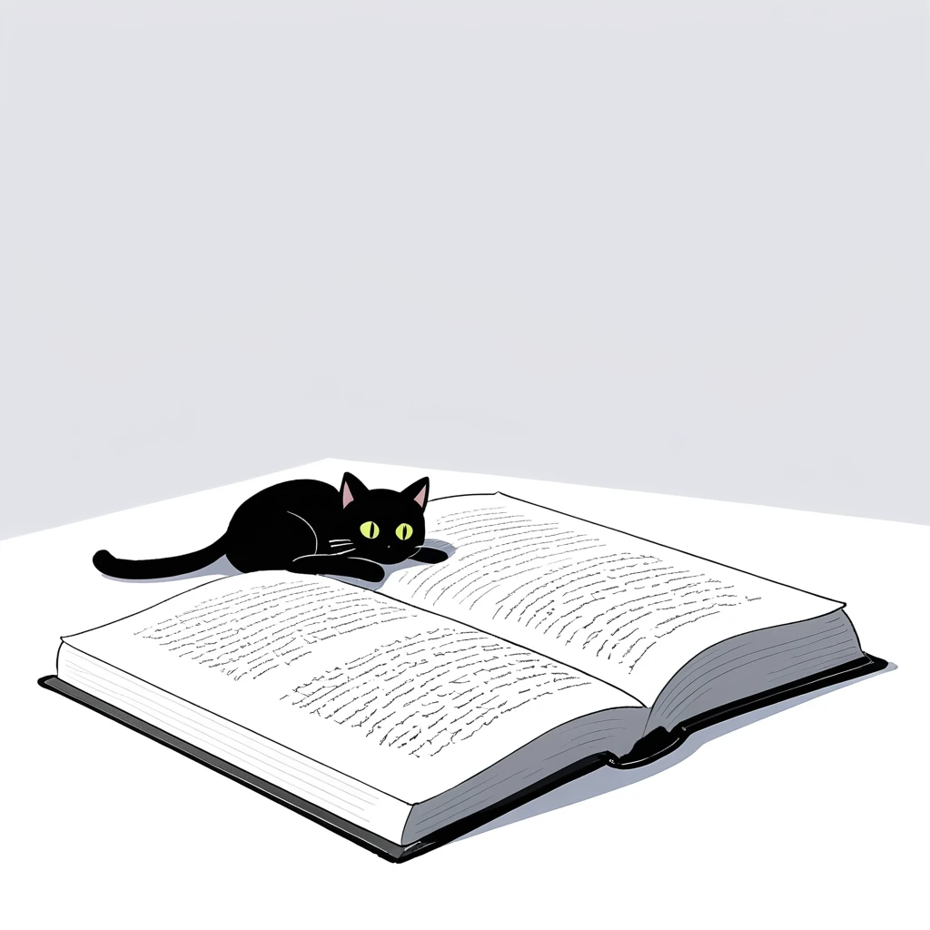 1 black cat lie down on the book,simple,(white background:1.4),doodle,scribble,minimalism,pale lighting