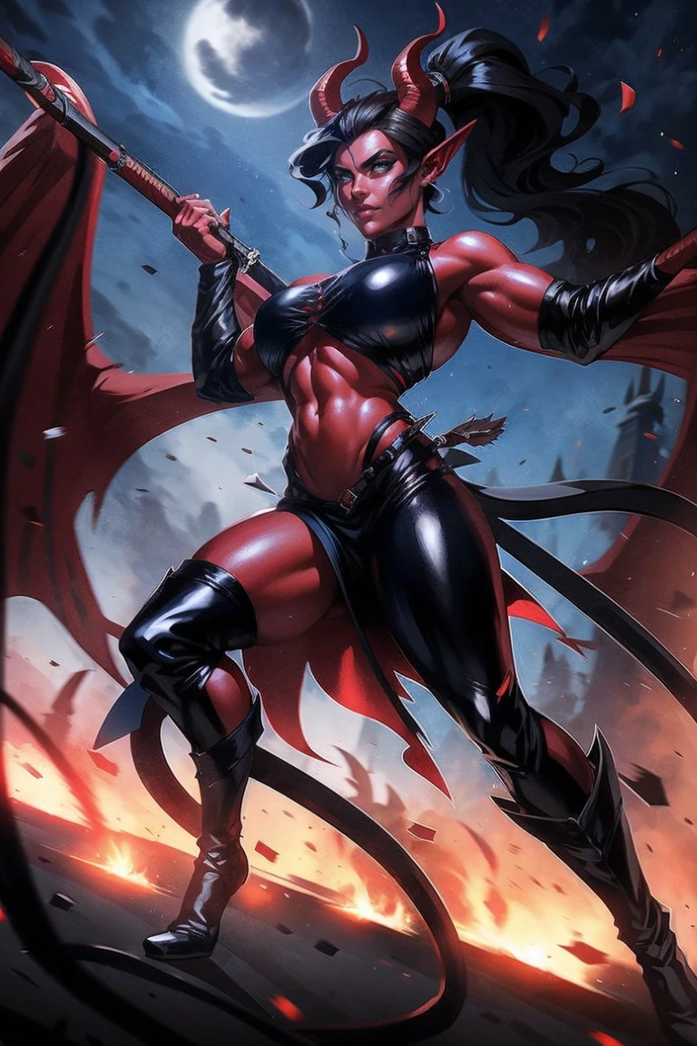 Red skin succubus tiefling, medium breasts, black horns, wings, huge tail, black leather, crop top, long flowing pelvic curtain, tall, toned, graceful, thin, long black ponytail. Action scene, whip. Dark scene, explosions, night sky.