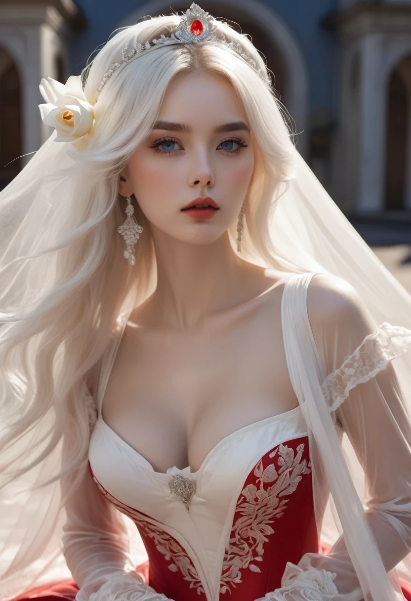 ((Extremely detailed CG unified 8k wallpaper)), masterpiece, Super detailed, floating, High resolution, Sexual innuendo, ,Bare leaky chest,( Ridiculously long white hair, Princess, white magician, blue eyes, (Gorgeous long white and red sheer tiered maxi dress,Long separate wide sleeves and intricate embroidery), wedding veil, a roundabout, bridal gloves, blush, Shy, Arched back, Ruffled petticoat, Gorgeous corset, She held a white rose in her hand,