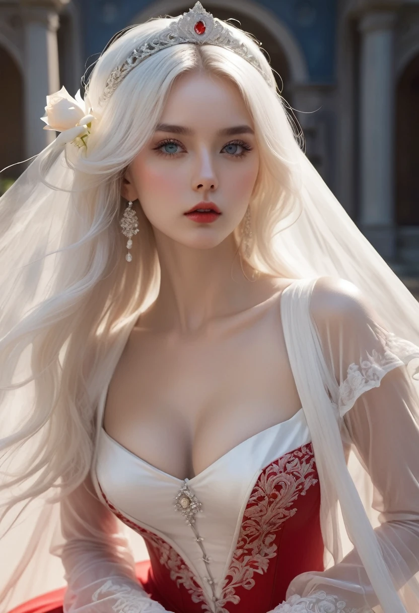 ((Extremely detailed CG unified 8k wallpaper)), masterpiece, Super detailed, floating, High resolution, Sexual innuendo, ，Bare leaky chest，( Ridiculously long white hair, Princess, white magician, blue eyes, (Gorgeous long white and red sheer tiered maxi dress，Long separate wide sleeves and intricate embroidery), wedding veil, a roundabout, bridal gloves, blush, Shy, Arched back, Ruffled petticoat, Gorgeous corset, She held a white rose in her hand, 