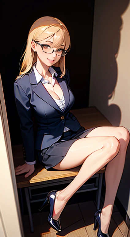 Browsing Caution, (Anime Art、Highest quality、Unity 8k wallpaper、32k、masterpiece、Ultra-detailed、Ultra-high resolution、Realistic、Photorealistic)、(Natural soft light:1.2)、Fire Glow Effect、Film Grain、Best Shadow、Side light、Side Shot、(Highly detailed and intricate 3D rendering)、Beautiful face and eyes in every detail、Sharp pupils、Realistic pupils, nipples and breasts、smile、High heels、Woman in skirt and shirt sitting on the desk, Office Clothes, on the desk, Sit at a desk, Sitting at a desk,Bent knees、Spread your legs、Spread your legs、Panty shot、 Business casual attire, Sexy、Business Attire, At work, Wearing a suit and glasses, Fully clothed, business attire, Embarrassing, smile、business suit、Cleavage、Sexy、