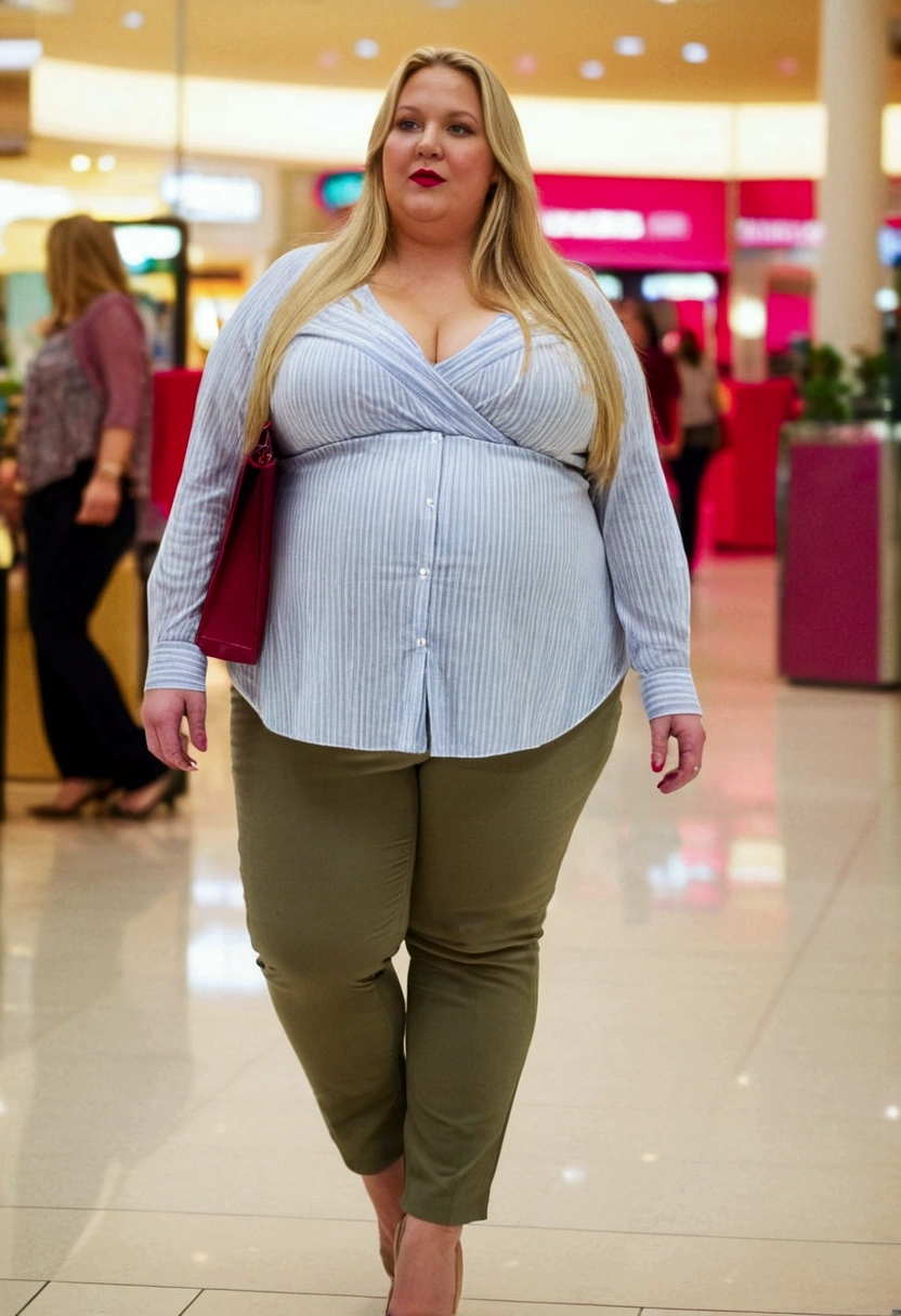 Fat woman, 40 years old white Caucasian wom walking inside the mall, long straight blonde hair, cleavage, fancy dressed, big hips, thick thighs, make-up, lipstick, shirt and pants, no bra underneath, dyed blonde hair