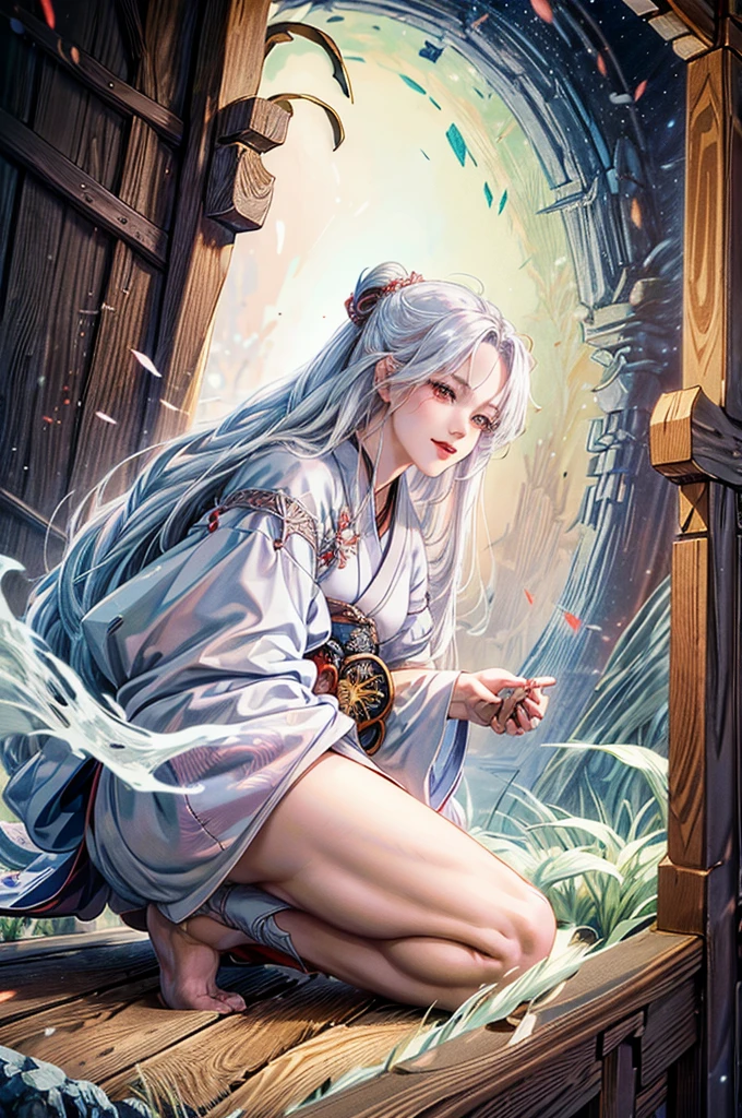 Long white haired samurai warrior, woman,red devil eyes, smile, traditional anime style, full body shot, detailed face, Extremely detailed and intricate design, digital painting, There are too many details., Masterpiece, 8K, realistic, Highly detailed, movie light, Stunning shadow, bright colors, dynamic poses, Powerful presence((Enter Japanese text: 花は桜木人は武士。)(Japanese font)white edge trim