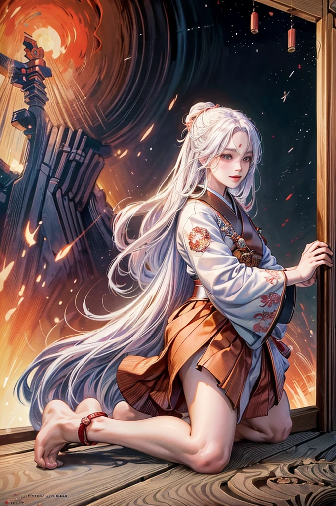 Long white haired samurai warrior, woman,red devil eyes, smile, traditional anime style, full body shot, detailed face, Extremely detailed and intricate design, digital painting, There are too many details., Masterpiece, 8K, realistic, Highly detailed, movie light, Stunning shadow, bright colors, dynamic poses, Powerful presence((Enter Japanese text: 花は桜木人は武士。)(Japanese font)white edge trim