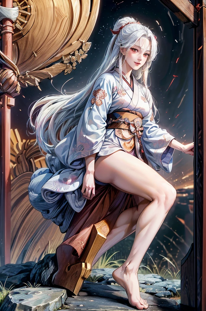 Long white haired samurai warrior, woman,red devil eyes, smile, traditional anime style, full body shot, detailed face, Extremely detailed and intricate design, digital painting, There are too many details., Masterpiece, 8K, realistic, Highly detailed, movie light, Stunning shadow, bright colors, dynamic poses, Powerful presence((Enter Japanese text: 花は桜木人は武士。)(Japanese font)white edge trim