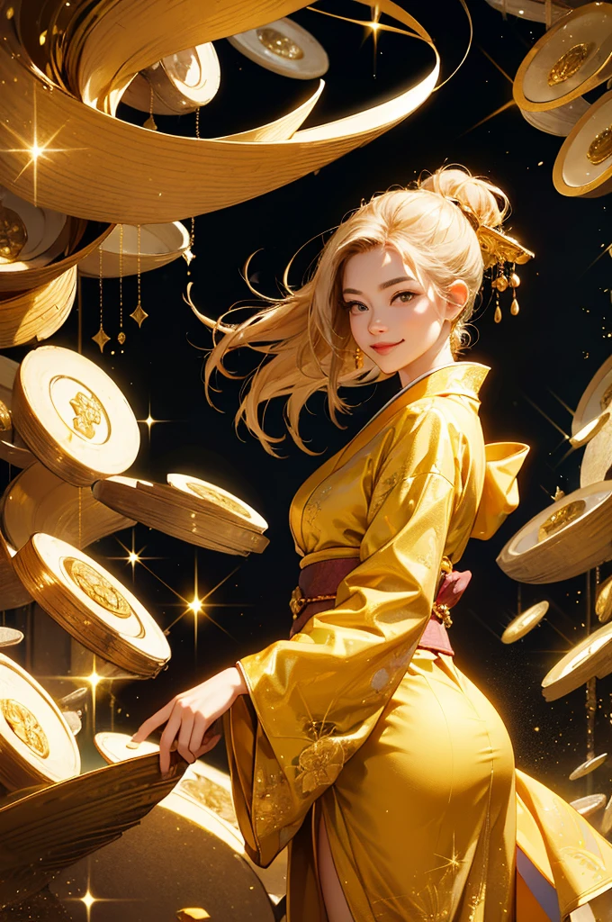 A beautiful woman in a gold kimono smiles against the backdrop of a mountain of gold nuggets, gold coins, and gold dust sparkling in the air.