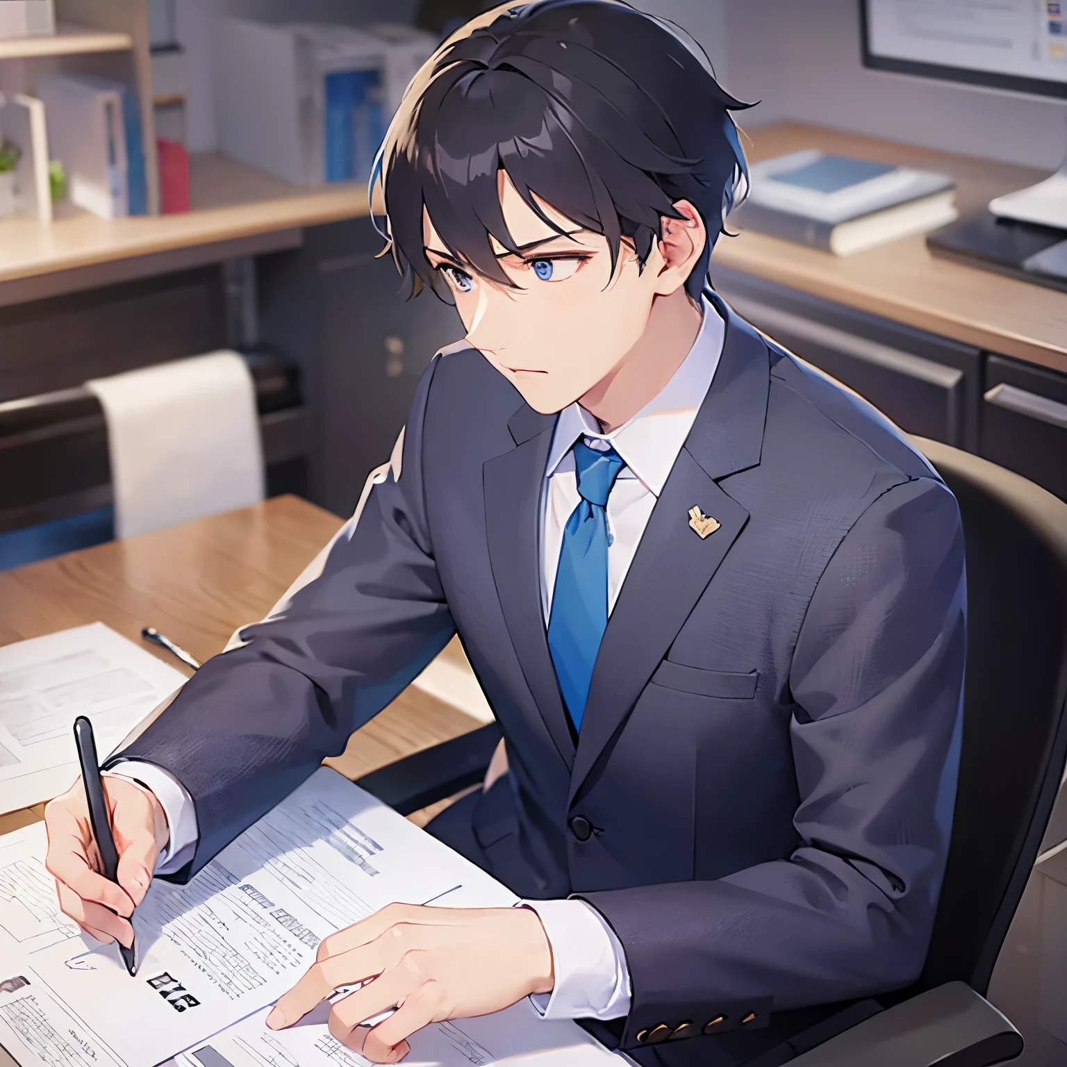 (looking away:1.5),upper body、
shiny skin, masterpiece、Highest quality、(25-year-old male:1.5) and (Black short hair) and (blue eyes)
 (Wearing a suit:1.5) and (Blue tie)、
,Serious expression、Background is an office room、Opening a document、(Alone:1.5)