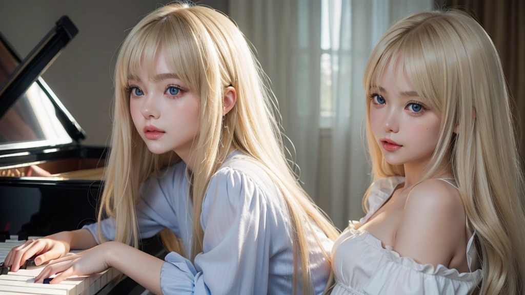 playing piano.silky shiny skin、22 year old cute sexy little beautiful face、Hair glows in front of a cute face、long silky bangs covering the eyes、pale light blue eyes、Young woman super long blonde shiny golden bright straight hair、with round face、Small face beauty、big eye、bright expression、The dress、Even big in clothes