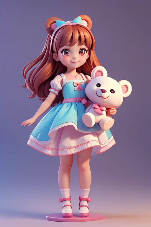 A cartoon little girl，Disney Princess Dress Up，energetic and cute，Holding a bear-shaped doll in his hand，Smile at the camera，Full body view，3D Rendering，OC Rendering，C4D