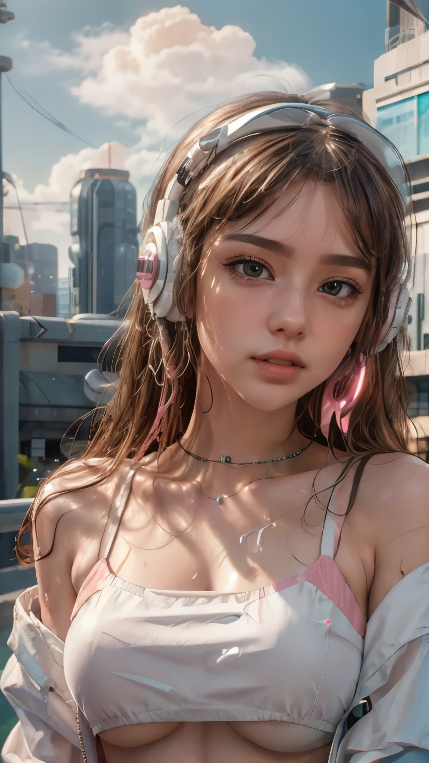 masterpiece, highest quality, Very detailed, 8k, RAW Photos, Realistic, One Girl, alone, Rim Light, Very detailed face, (Contrasting:1.1), Shoot from the front, (head shot:1.6), Upper Body, smile, Amazingly cute young Russian girl, Droopy eyes, pale pink plump lips, Light brown straight medium hair、With bangs, Light brown thin eyebrows, Oily skin, Wet Skin, Wearing an ivory and pink cyberpunk style bikini and jacket, Put on some high-tech headphones, Mid-chest, Cyberpunk city residential area, thunderclouds in the sky, Midsummer