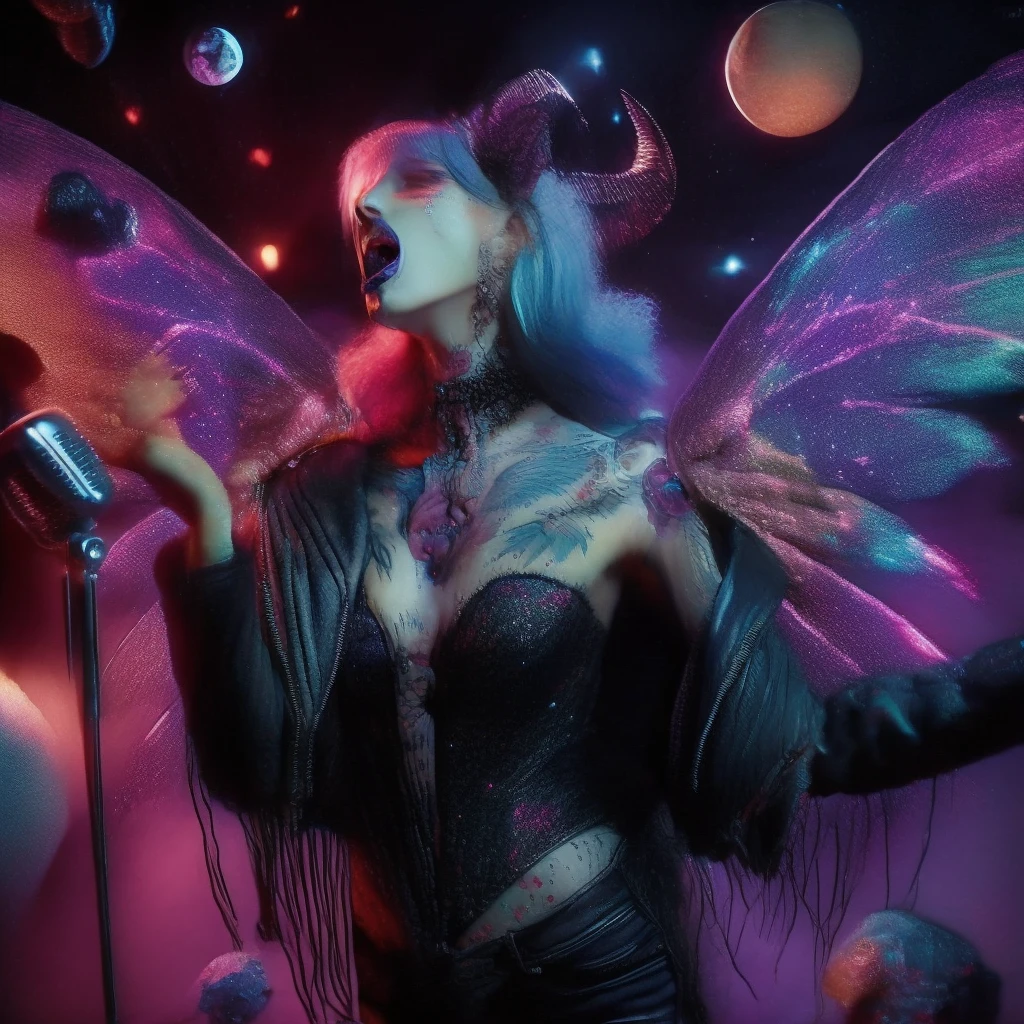 “Mumta, with iridescent wings that shimmer like stardust, prowls the neon-lit stages of distant planets. Her voice, a haunting blend of melancholy and rebellion, echoes through asteroid-filled arenas. Dressed in tattered leather and adorned with cosmic tattoos, she belts out lyrics that speak of love lost across galaxies. Fangs peek out from her crimson lips as she croons, captivating both mortals and extraterrestrials alike.” 🌟🎤🌌