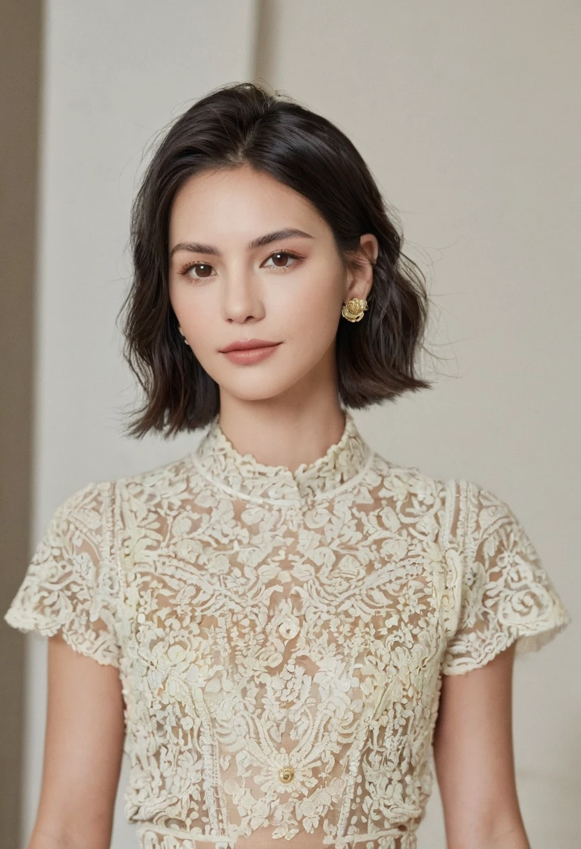 RAW photos, ceciliadeo1sd's full body photo,Auburn hair, Short Pixie Hairstyle, Pale skin, slim, Room Background, Blue silk veil,Filament chain belt, (High Detail Skin:1.2), 8K Ultra HD, Digital SLR Camera, Soft lighting, high quality, Film Grain, Fuji XT3
