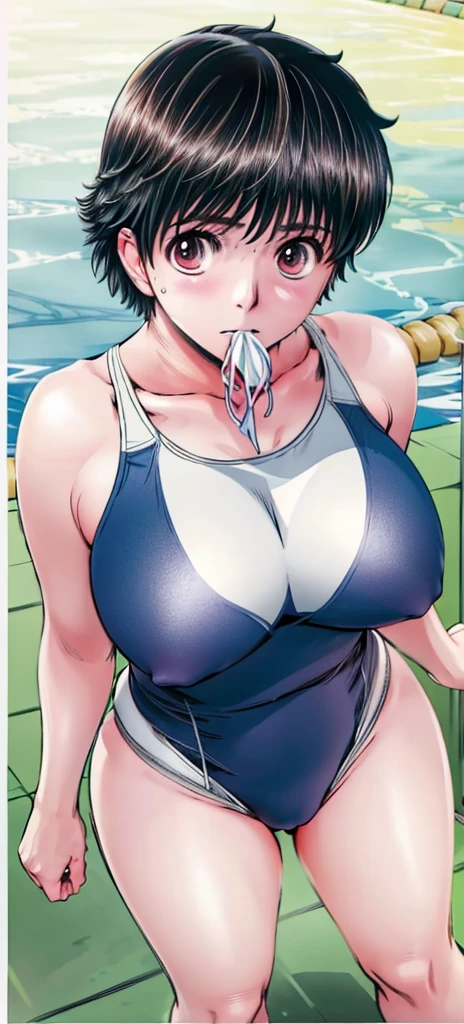 A boyish, short-haired, busty, beautiful-legged woman is wearing a competitive swimsuit and standing by the pool with her legs spread to the sides, blushing and with her mouth open.。A middle-aged man stands facing the camera at a beautiful woman。
