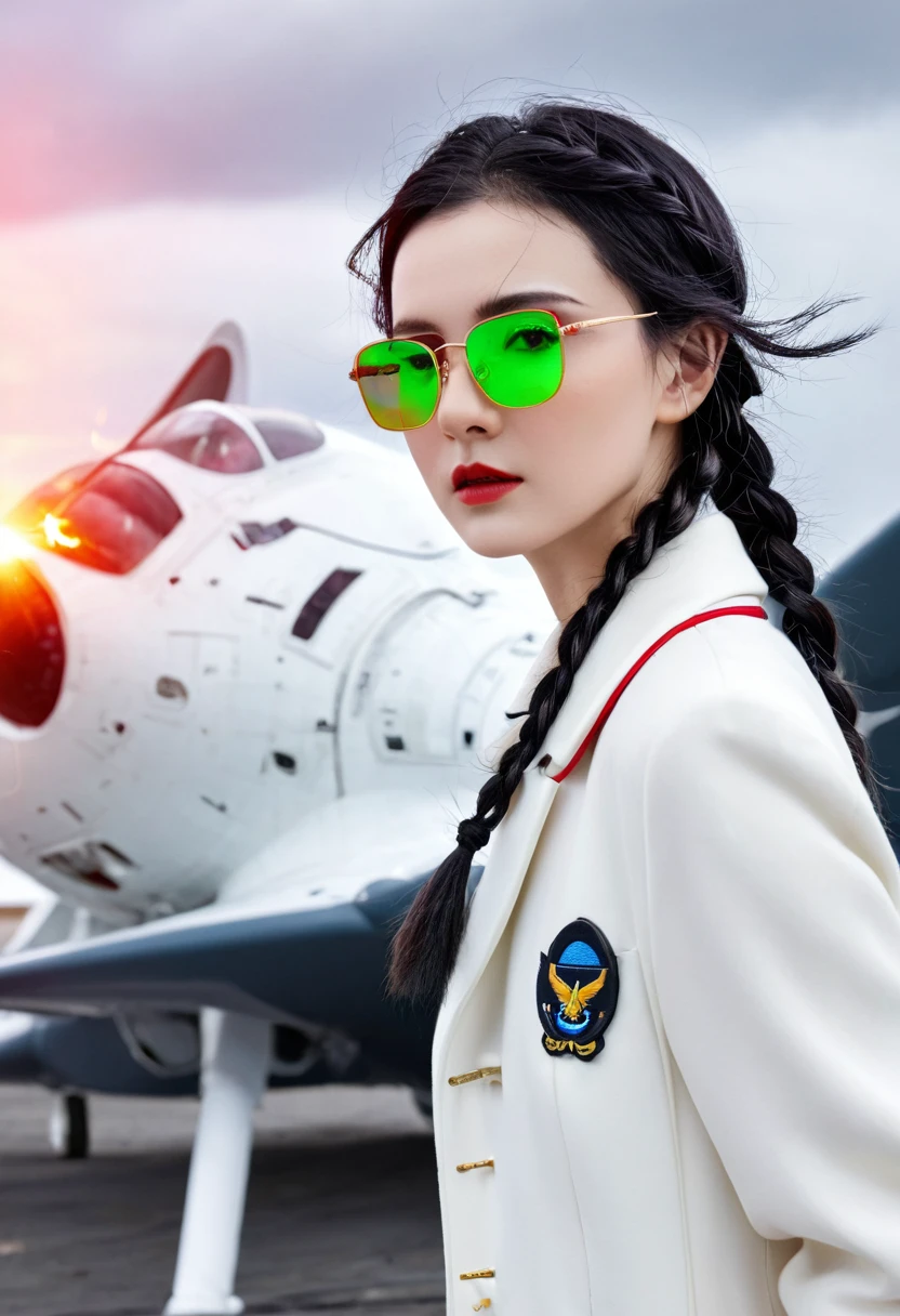 HD,Miss,Small size,Black Hair,Double Braid Hairstyle,Boooon,Green Eyes,Red glasses,Wear formal clothing,,White coat,Dark Expression,warship,, Futuristic, Science fiction, warplane, space, war