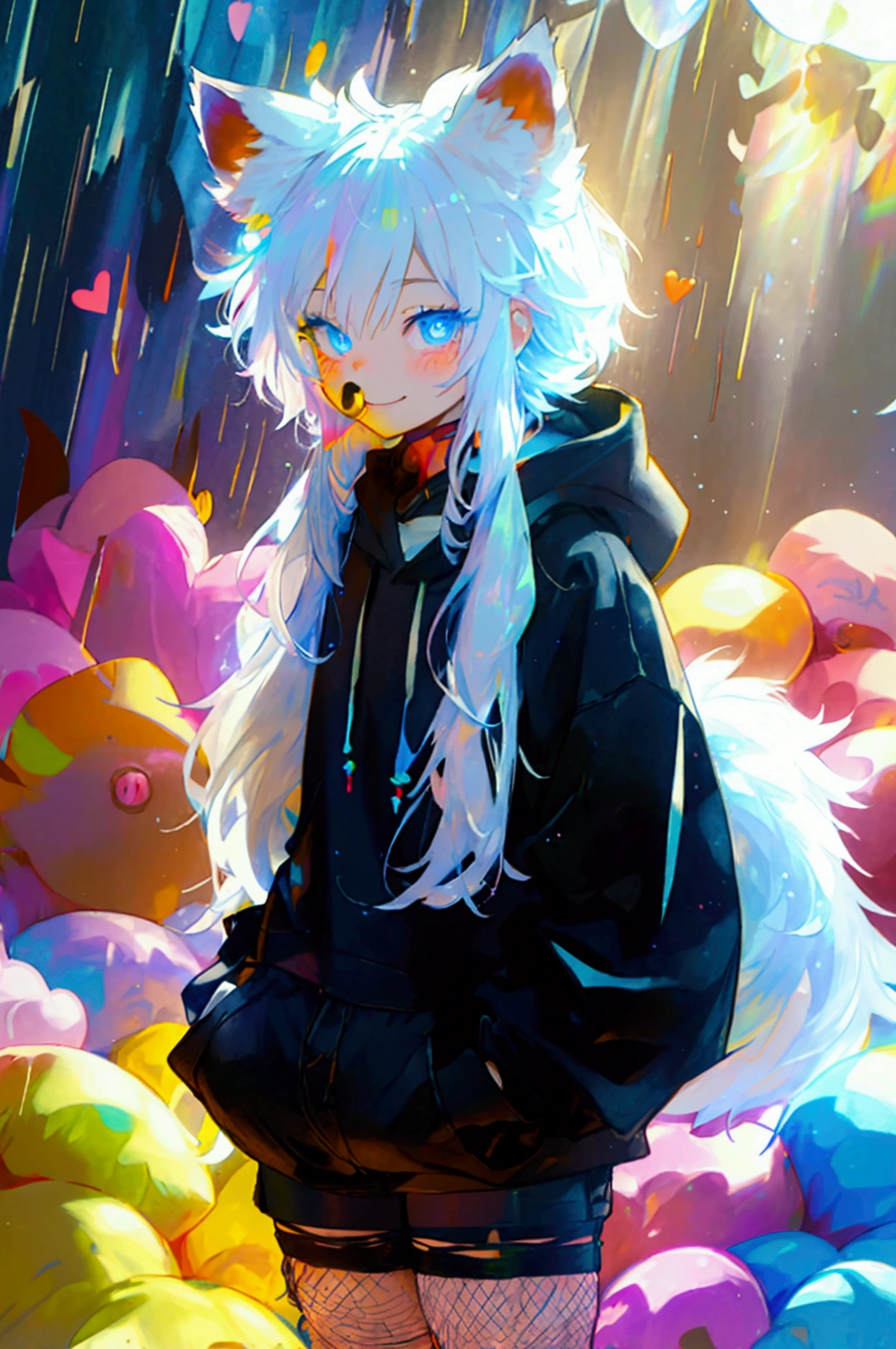 a cute adult male with wolf ears, long white hair, long locks, has a wolf tail, wearing a loose cropped black hoodie, wearing a pair of denim short shorts and fishnet stockings, thick thighs, wide hips, short, showing slender tummy, heart on hoodie, squishy thighs, has glowing blue eyes. alone, solo (ALONE)(SOLO), surrounded by rainbows, colorful galaxy backround, smiling, ontop of a pile of fluffy plushes, plushies everywhere, kawaii plushies, surrounded by bubbles, surrounded by rainbow leaves, standing up dancing, thicc thighs, has giant ears