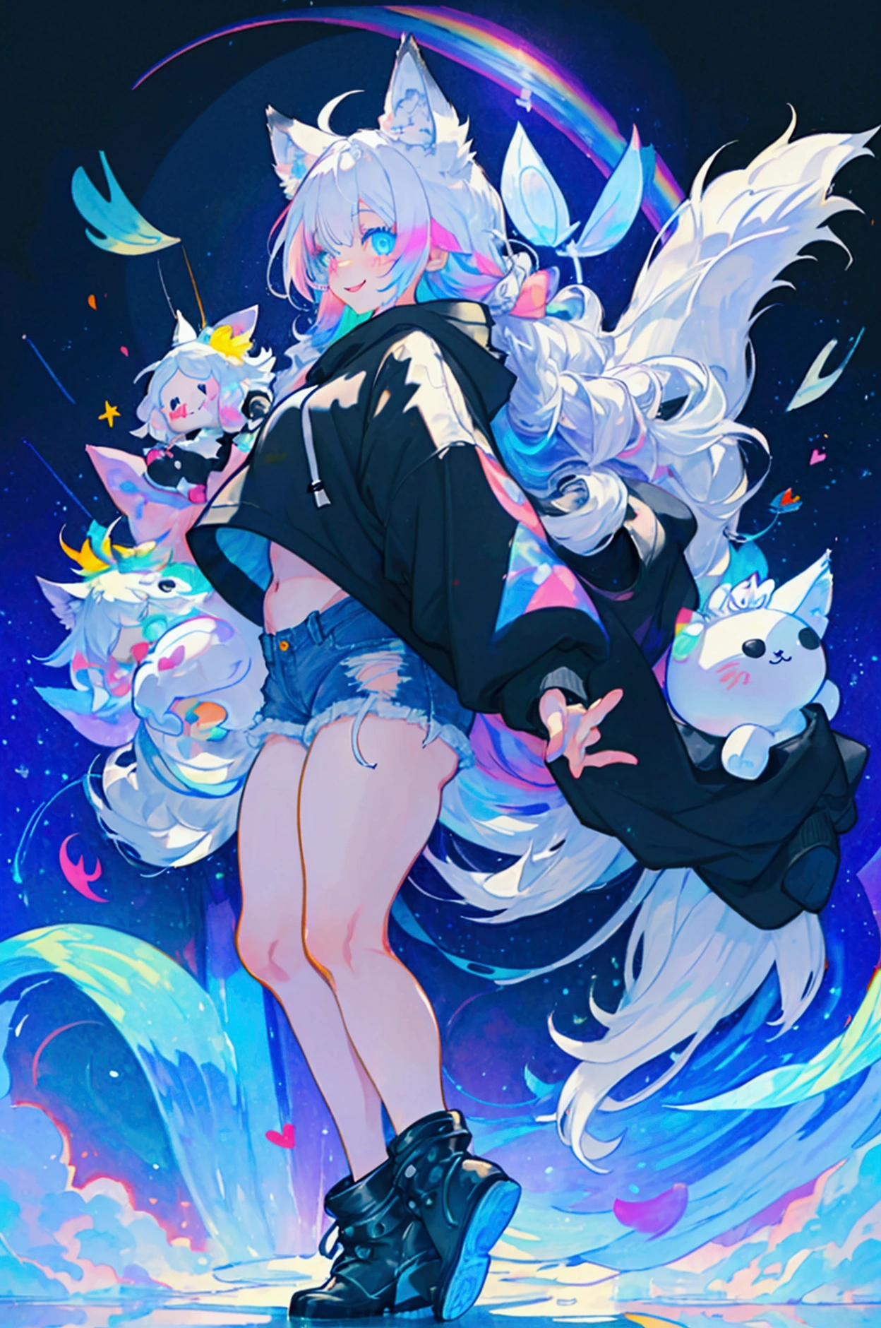 a cute adult male with wolf ears, long white hair, long locks, has a wolf tail, wearing a loose cropped black hoodie, wearing a pair of denim short shorts and fishnet stockings, thick thighs, wide hips, short, showing slender tummy, heart on hoodie, squishy thighs, has glowing blue eyes. alone, solo (ALONE)(SOLO), surrounded by rainbows, colorful galaxy backround, smiling, ontop of a pile of fluffy plushes, plushies everywhere, kawaii plushies, surrounded by bubbles, surrounded by rainbow leaves, standing up dancing, thicc thighs, has giant ears